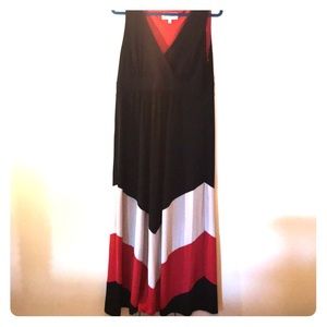 V-neck black maxi dress with red/tan chevron